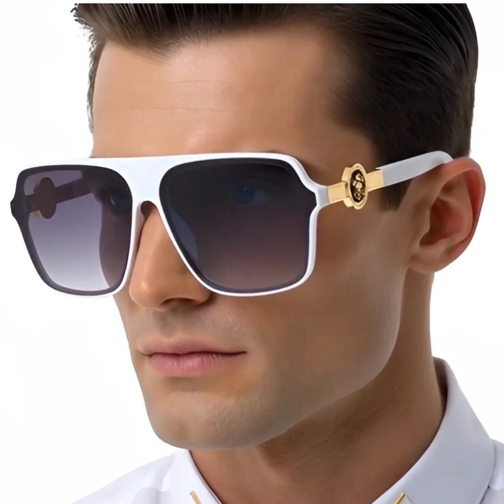 Mens White Oversized Square Sunglasses Gold‎ Lion Head Medallion Streetwear Rap